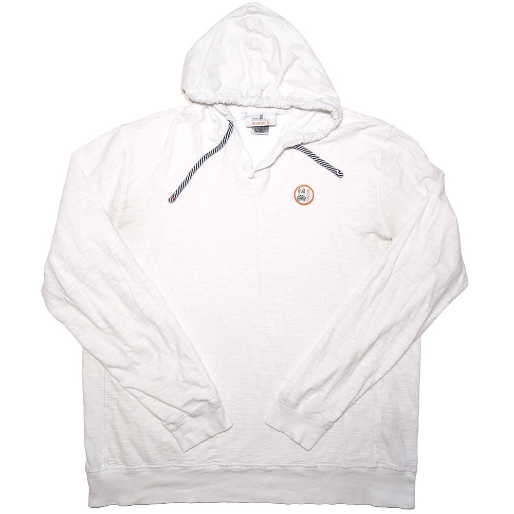PSYCHO BUNNY x SWIMS Collab Hoodie White Slub Cotton Pullover Mens 8 XXL